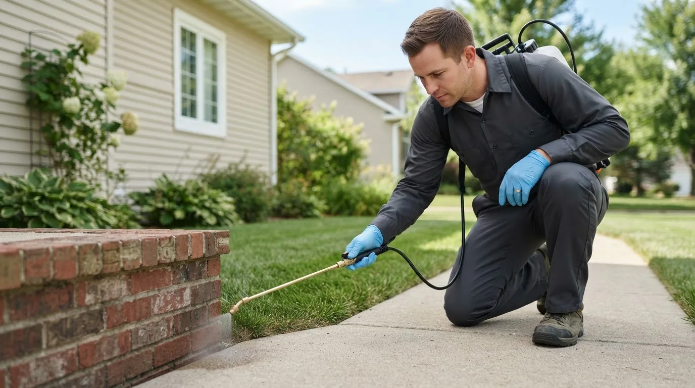 Pest control technician treating a home near Smithtown, NY